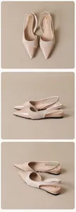 Macro detail of nude pointed-toe slingback flats with glossy patent and suede paneling