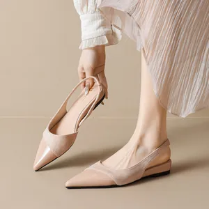 Fairy style nude slingback flat shoes with pointed toe and mixed leather texture