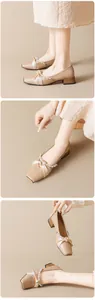 Close-up of pearl-beaded silk bow and square toe on beige block heel Mary Janes