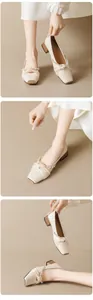 Macro detail of Mary Jane shoes featuring pearl silk bow and square toe design