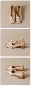 Macro view of square toe Mary Jane heels featuring pearl beads and satin bow details