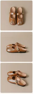 Detail view of brown pleated pointed-toe mule shoes with gold buckle and soft leather texture