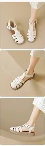Three-angle views showing woven cream block heel sandals with adjustable straps