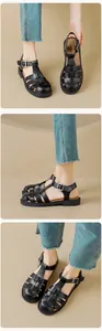 Three-way view of women's black woven fisherman sandals with adjustable T-strap buckles