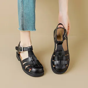 Women's black woven chunky heel roman sandals with buckle and closed toe design