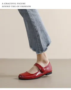 Close-up of red patent leather Mary Jane flats with adjustable buckled strap on model