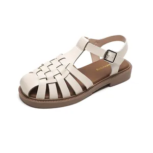 Vintage beige geflochtene geschlossene Römersandalen für Damen mit weicher Plateausohle