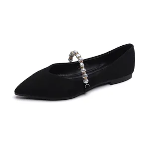 Elegant black pointed toe flats with pearl strap and ribbed knit texture for women