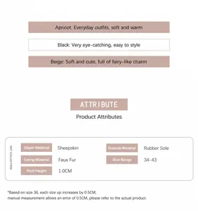 Detailed chart showing faux fur material, 1cm flat rubber sole, and size 34-43 info
