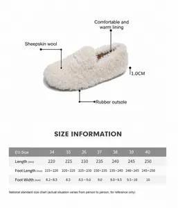 Size chart for women fuzzy loafers with EU 34-40 size conversion and foot measurements