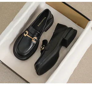 Detail view of black matte loafers with gold metal horsebit in a premium shoe box