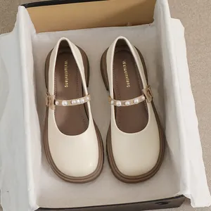 Women's French Vintage Mary Jane Shoes Round Toe Platform Thick Sole Artificial Pearl Bow Microfiber Leather Casual Low Heel Walking Shoes
