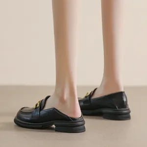 Classic black platform loafers mule for women with gold buckle and stylish thick sole