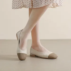 Elegant beige and brown square-toe ballet flats with laser-cut details for women