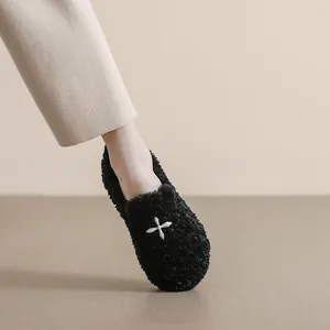 Women's black faux shearling flat shoes with silver star buckle for autumn winter