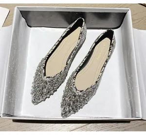Dettaglio di ballerine a punta argentate con decorazione integrale di strass scintillanti