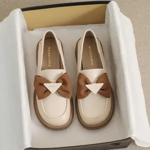 Mocasines de Piel de Microfibra Vintage para Mujer Con Lazo Grande y Tacón Grueso Suela Blanda Punta Redonda Estilo Británico Zapatos Casuales