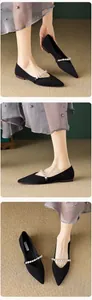 Detail view of black pointed toe flats featuring elegant pearl strap and low heel
