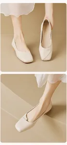 Détails macro de ballerines en cuir crème à bout carré avec coutures diagonales