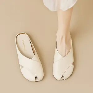 Γυναικείες Casual Flat Παντόφλες Mule Με Σταυρωτό Λουράκι Ανοιχτά Δάχτυλα Δέρμα Μικροϊνών Αναπνεύσιμα Καλοκαιρινά Παπούτσια