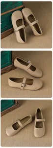 Detailed view of beige Mary Jane flats with matte leather and silver metal buckles