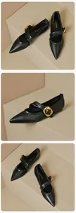Detailed views of black pointed-toe Mary Jane flats with elegant gold square buckles