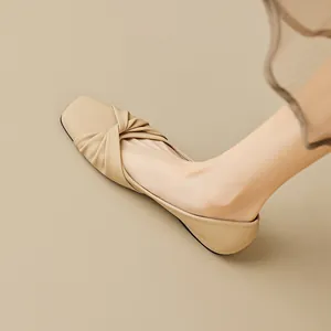 Beige square toe flat shoes for women with stylish leather twist knot detail