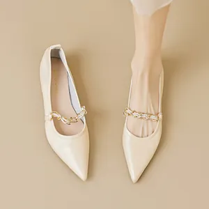 Damen Spitze Flache Schuhe Elegante Mary Jane Künstliche Perlen Metallkette Dekoration Weiche Sohle Slip-On Lässige Alltag Büro Schuhe