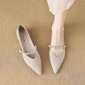 French Style Pointed Toe Flat Shoes For Women Elegant Pearl Beaded Satin Doudou Shoes Casual Shallow Mouth Slip On Single Shoes