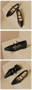 Detailansicht schwarzer Mary Jane Ballerinas mit drei Riemen und eleganten Metallschnallen