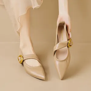 Elegant apricot pointed-toe Mary Jane flat shoes with metallic buckle detail for women