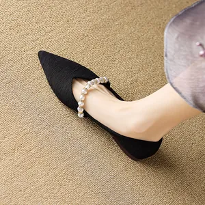 French style black pointed flat shoes with knit texture and elegant pearl strap detail