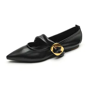 French style black pointed toe Mary Jane flats with glossy finish and gold buckle