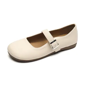 Elegant cream white Mary Jane flat shoes with round toe and adjustable silver buckle