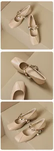 Detail von Karree-Mary-Jane-Flachschuh mit Perlenanhänger und gewebtem Kettenband