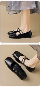 Detailansicht schwarzer Mary Jane Ballerinas mit eckiger Zehenpartie und Metallschnallen