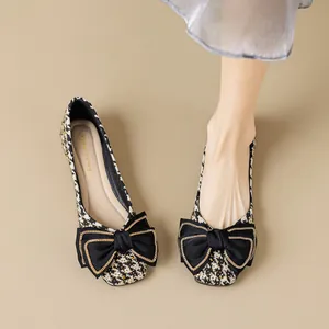 Damen Flache Schuhe Mit Eckiger Zehenpartie Vintage Hahnentritt Leopardenmuster Ballerinas Mit Schleife Und Goldener Kette Slipper