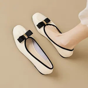 Damen Flache Schuhe Mit Quadratischer Zehenpartie Schleife Metallschnalle Mikrofaserleder Atmungsaktive Weiche Sohle Elegante Ballerinas Slipper