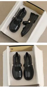 Primer plano de zapatos Mary Jane negros con botón de perla y correa de nudo
