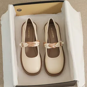 Zapatos Mary Jane para Mujer Suela Gruesa Correa de Perlas Punta Redonda Estilo Francés Zapatos de Piel de Microfibra Casual