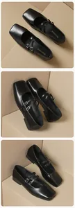 Makro-Detail schwarzer Mary Jane Ballerinas mit eckiger Zehenpartie und silbernen Schnallen