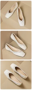 Detailed close-up of white sequin flats with silver rhinestone trim and square toe design