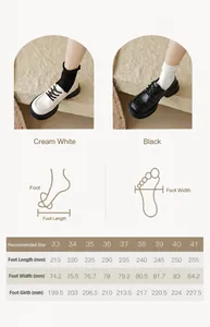 Size chart for women's platform loafers showing foot length, width and circumference