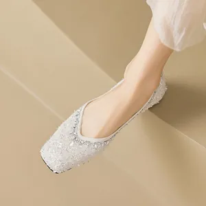 Silver rhinestone flat shoes with sparkling crystals and elegant square toe for women