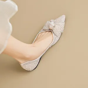 Damen Elegante Strass Perle Schleife Flache Schuhe Spitz Eckig Zehenpartie Champagner Glitzer Ballettflats Hochzeit Party Schuhe