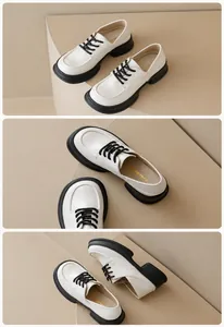 Detailed views of creamy leather loafers with thick black platform soles and lace-up design