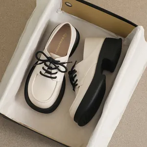 Women's Preppy Style Platform Loafers Microfiber Leather Lace-up Round Toe Chunky Heel Daily Casual Shoes British Style