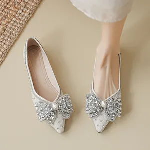 Elegante Dames Platte Schoenen met Strass Strik Spitse Vierkante Neus Glitter Trouwfeest Bruids Instapschoenen