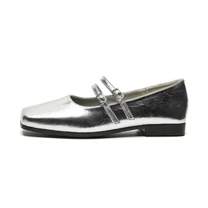 Silberne Mary Jane Ballerinas mit eckiger Zehenpartie und doppelten Schnallen für Damen