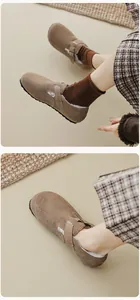 Détail de sabot en cuir suédé avec doublure en laine chaude et boucle en métal